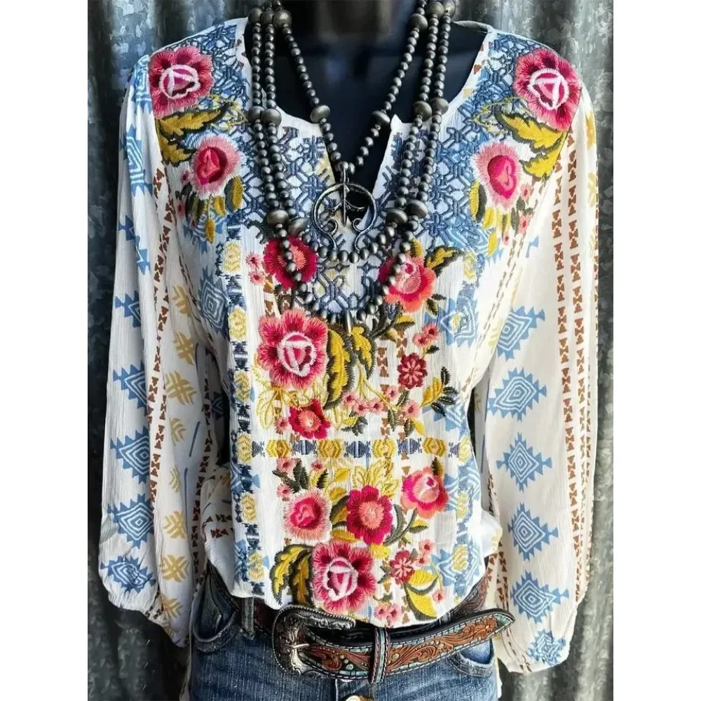 

Classic Retro Ladies Shirt Tops Fashion V-Neck Temperament Commuting Casual Long-Sleeved Waist Floral Print Pullover