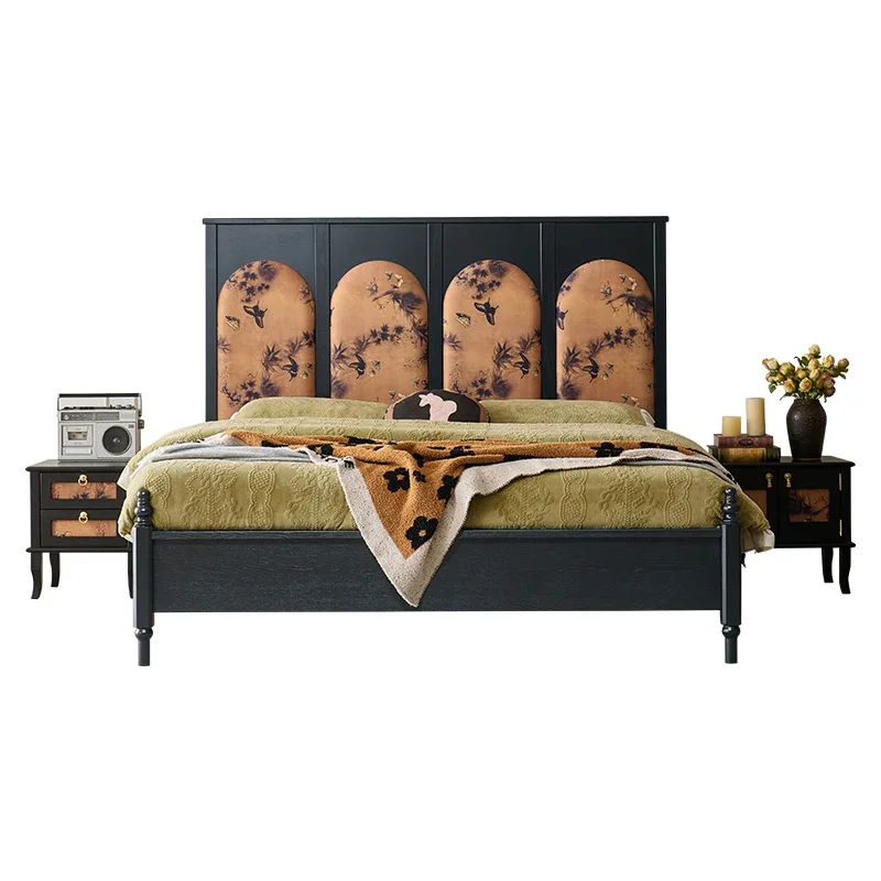 

French retro solid wood 1ed American fragrant cloud yarn high back soft bag bed ash wood master bedroom medieval wedding bed