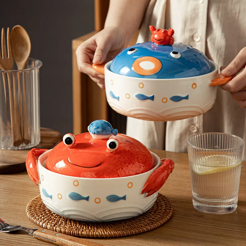Marine Tableware with Lid, Ceramic Instant Noodle Bowl with Phone Holder, Double Ear Bowl, Restaurant Kitchen Utensils Soup Bowl