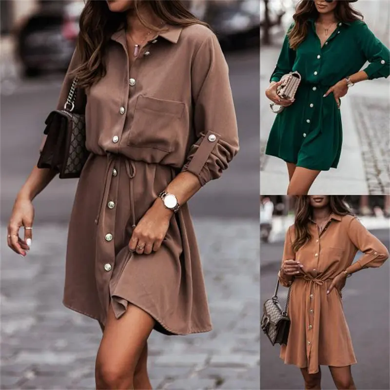 Autumn Long Women's Dress Casual Fashion Street Style Button Detail Cotton Linen Blend A-Line Skirt One-Step Design V-Neck