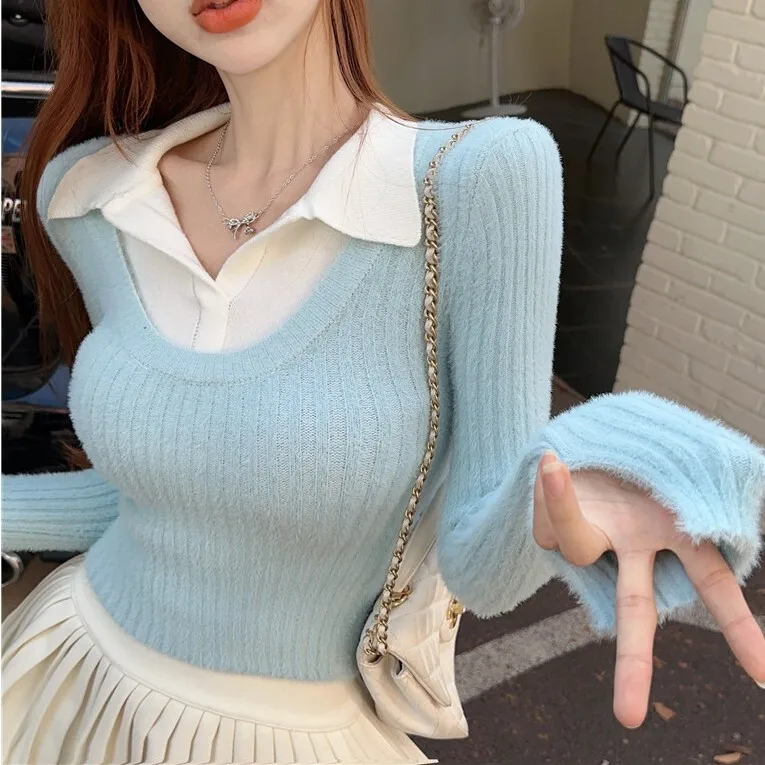 

Pure Desire Wind, Be Careful Fake Machine, Two Pieces Of Design Sense POLO Collar Knitted For Women, Imitation Mink Fur Inner