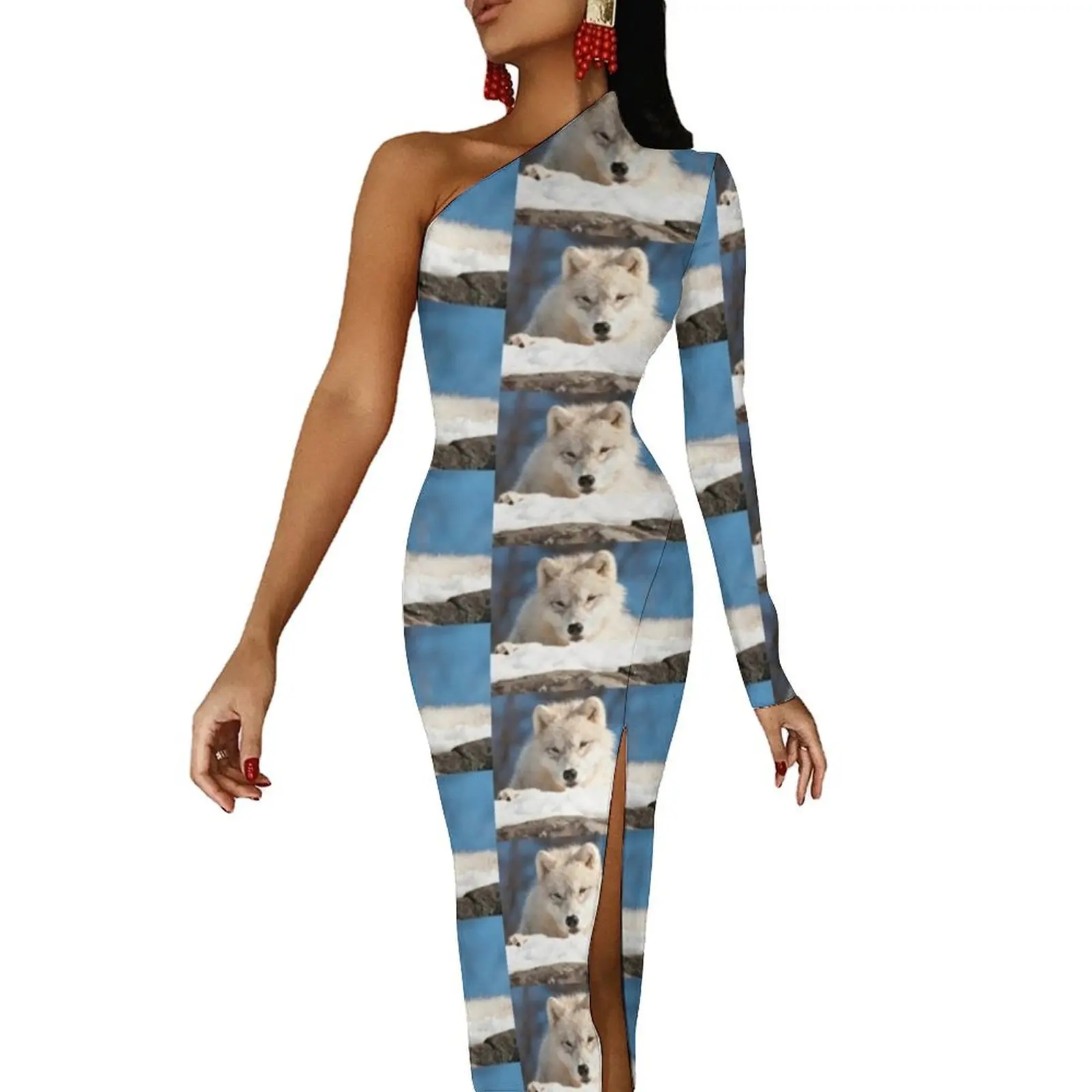 

Arctic Animal Bodycon Dress Womens Wolf Pup Print Retro Maxi Dress Long Sleeve Streetwear Custom Dresses Gift Idea