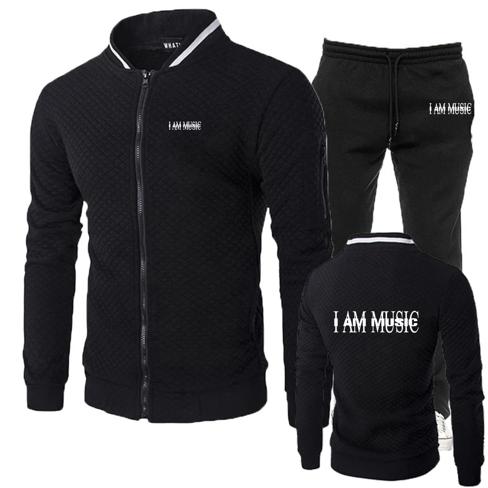 

2025 Spring And Autumn Man's New Style Silm Fit Sets I AM MUSIC Print Cotton Jogging Cardigan + Daily Pants Sports Suit
