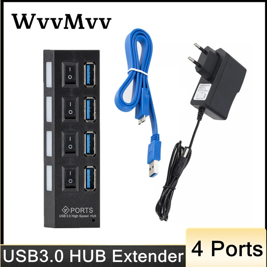 Hub USB de alta velocidade com interruptor, multi divisor, adaptador de energia, expansor múltiplo, uso para PC, laptop, 5Gbps, 3 USB, 4 portas