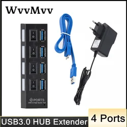 Répartiteur USB 3.0 haute vitesse avec interrupteur pour ordinateur portable, adaptateur secteur, extenseur multiple, 4 ports, 5Gbps, 3 Hab