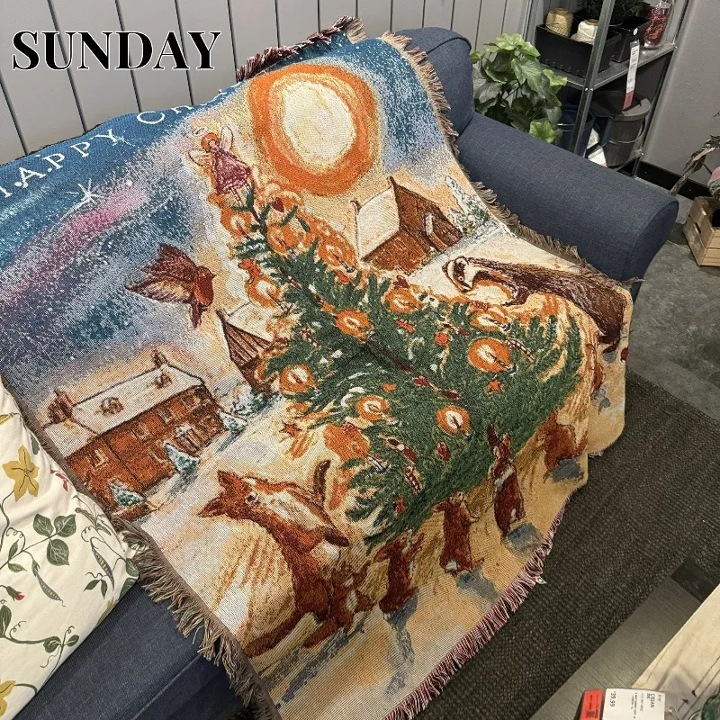 

Cartoon Christmas Tree Blanket Vintage Thread Throw Living Room Decoration Tapestry Casual Sofa Cover New Years Gifts Blankets