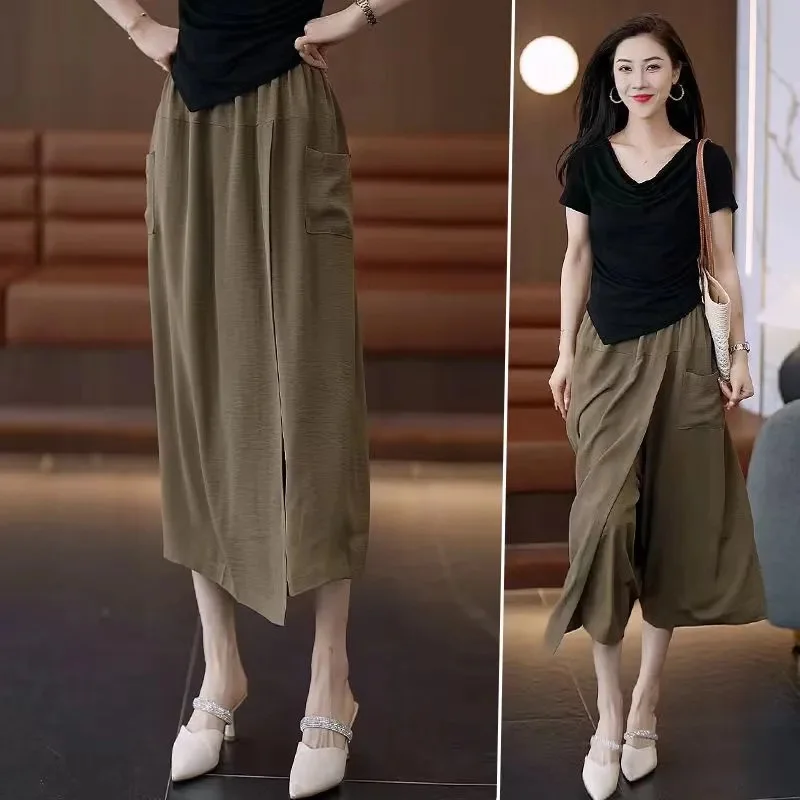 2024 Khaki Black Wide-Leg Pants Skirt Ladies Spring Summer Fashion Plus Size Loose Pants Pocket Elastic Waist Culottes Female