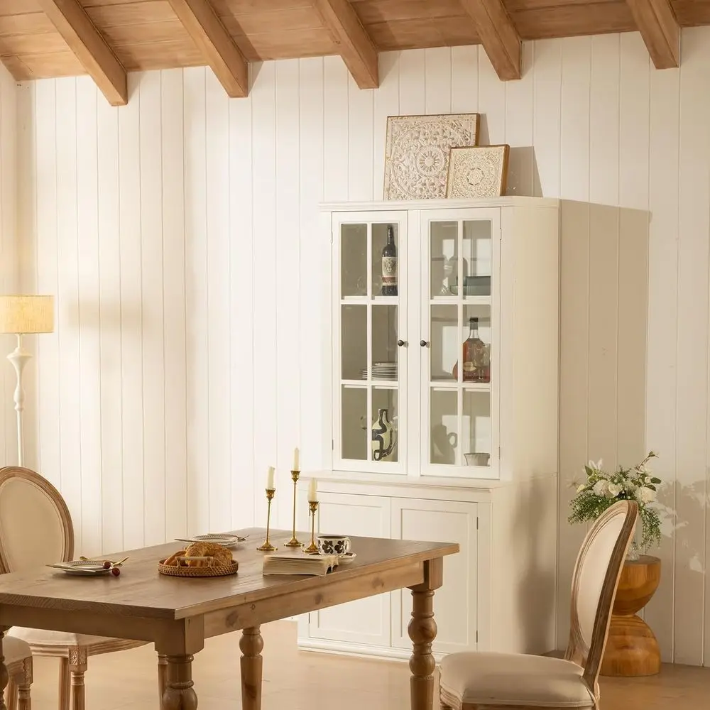 75 Tall White Glass Door Kitchen Pantry Cabinet with Shelves for Storage, Coffee Bar Hutch, Living Room, and Bar view 5