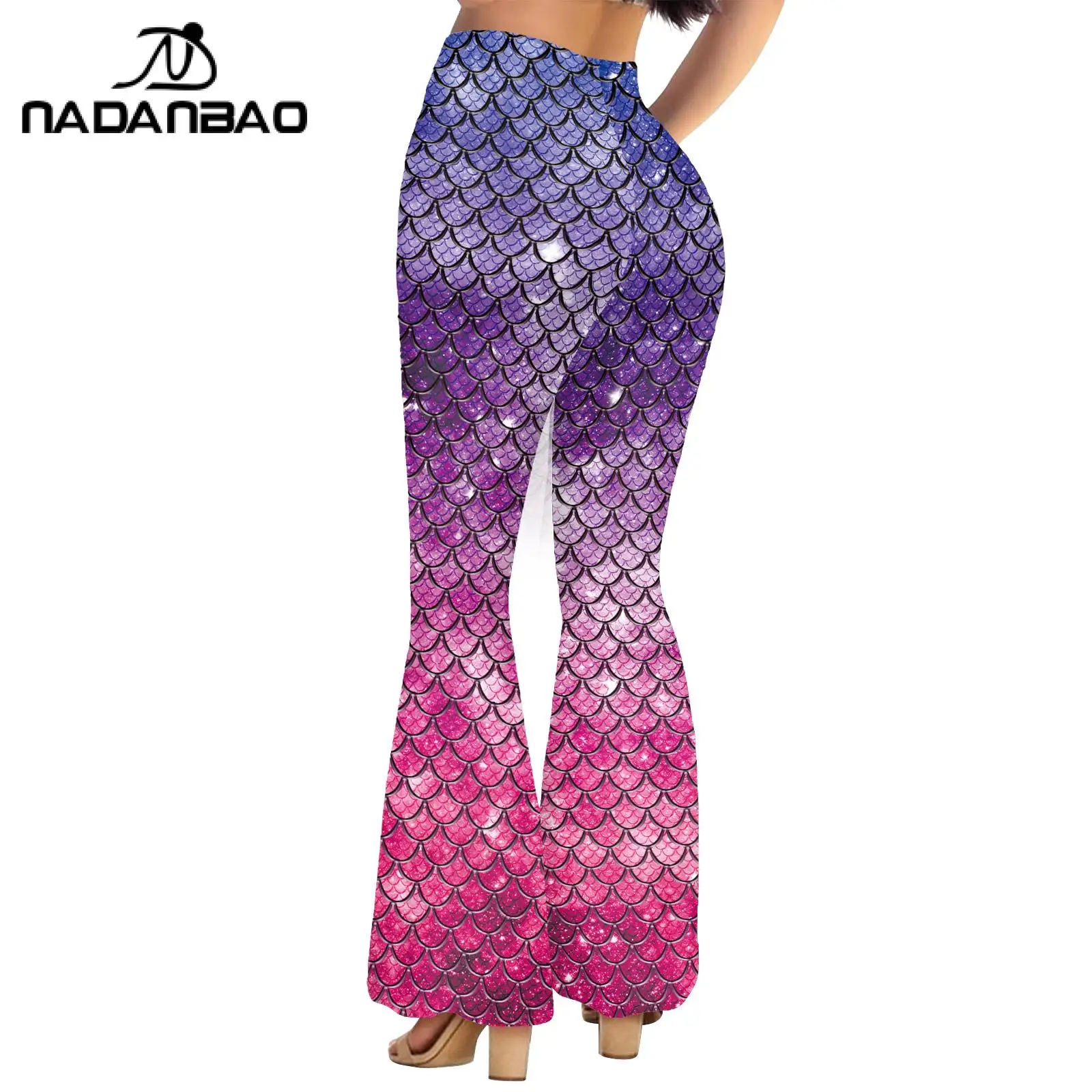 Nadanbao Pink Mermaid Flare Pants for Women Fish Scales 3D Digital Print Trousers Fashion Casual Streetwear Spring Autumn Bottom