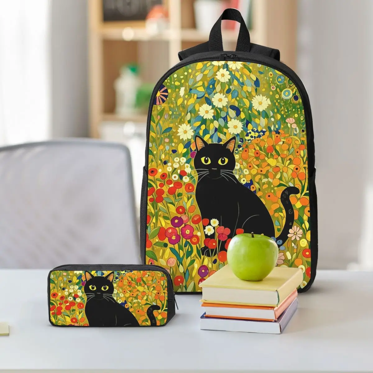 Black Cat In Klimt Flower Garden Backpack Boys Girls BookBag School Bag Shoulder Bags 3ps Insulated Lunch Bag Pencil Case