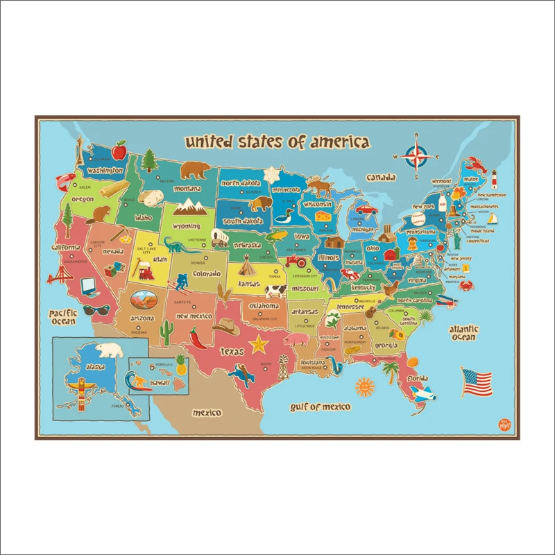 Animal & Plants Map Of American Wall Stickers Kindergarten Classroom Kids Room Home Decoration USA Map Wall Mural Art Pvc Decal