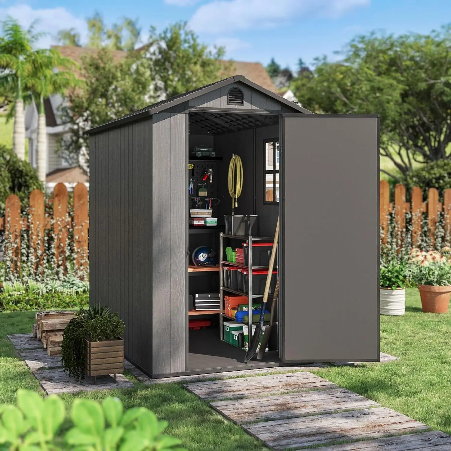 

4' x 6' Outdoor Storage Shed with Floor, Plastic Shed Outside Resin Tool Shed with Window and Lockable Door for Backya