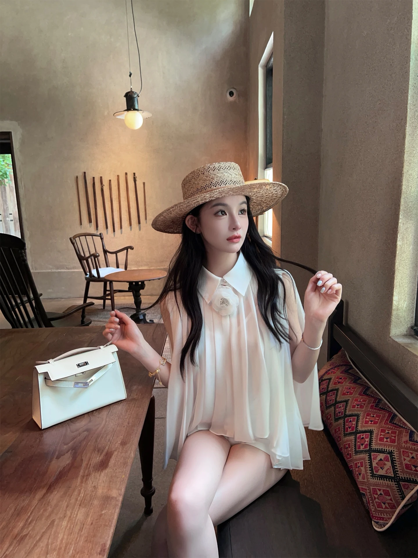 

Летний комплект из шифона FairyJiang: топ-накидка и юбка, женский, тонкий, струящийся, в корейском стиле, свободного кроя