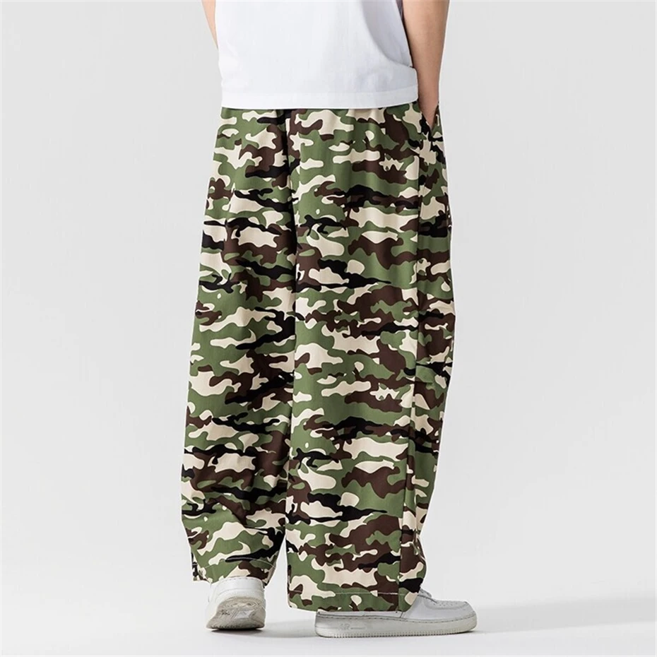 Large Size Thin Camouflage Pants Men Summer Vintage Wide-leg Trousers Harajuku Japan Style Elastic Waist Baggy Casual Pant Male