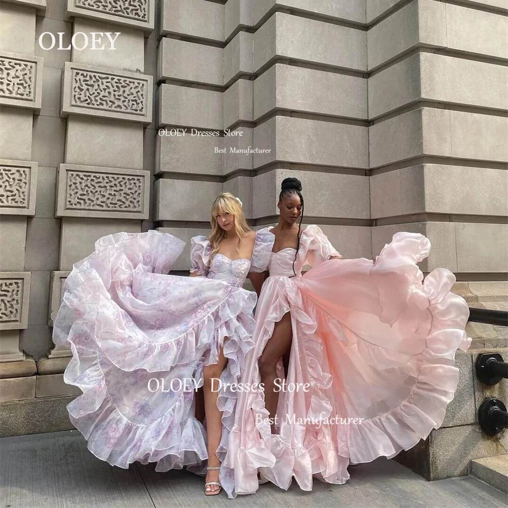 OLOEY Long Evening Dresses Princess Prom Dresses Formal Floor Length Ruffles Ruched Birthday Gowns Puff Sleeves Graduation Dress