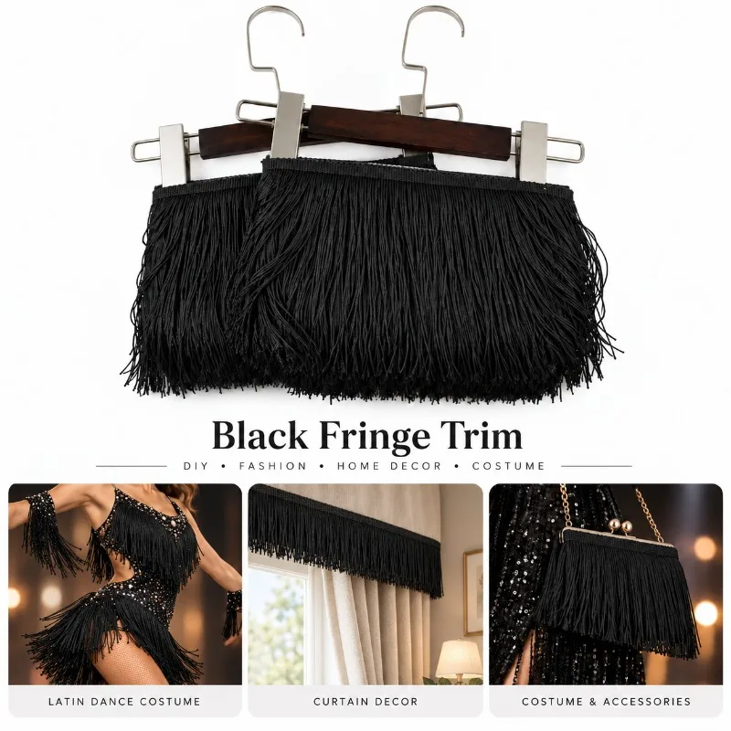 5/10Yards 10-30cm Black Tassel Fringe Trims Latin Dance Dress Decoration Tassels Handbag Curtain Costume DIY Sewing Accessories