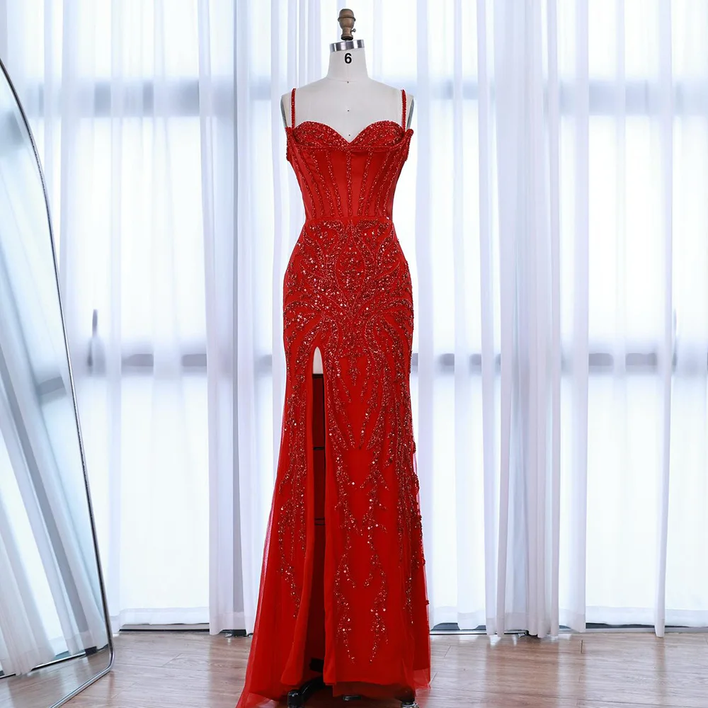 luxury red dresses Luxury Beaded Red Evening Dresses with Straps SS263