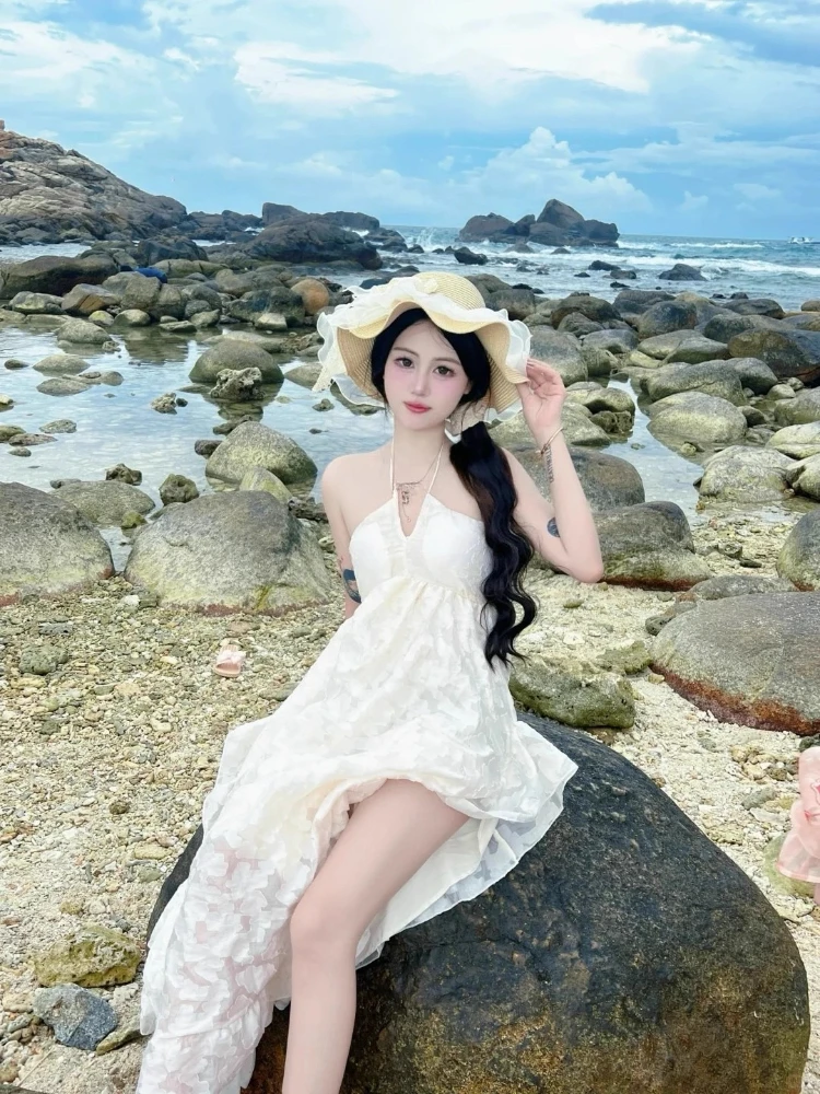 2025 春 ホルターネック バックレス ドレス A ライン パッド入り ビーチ ドレス エレガント レース カットアウト リゾート マキシ ドレス ガールズ レディース