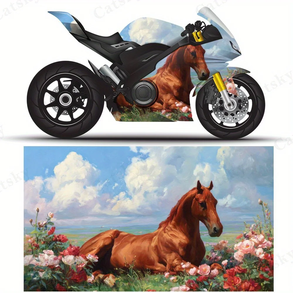 Horse in Flower Field Motorcycle Film Stickers, Durable PVC Adhesive Decals for Motorcycle Customization, Weather-Resistant Prot