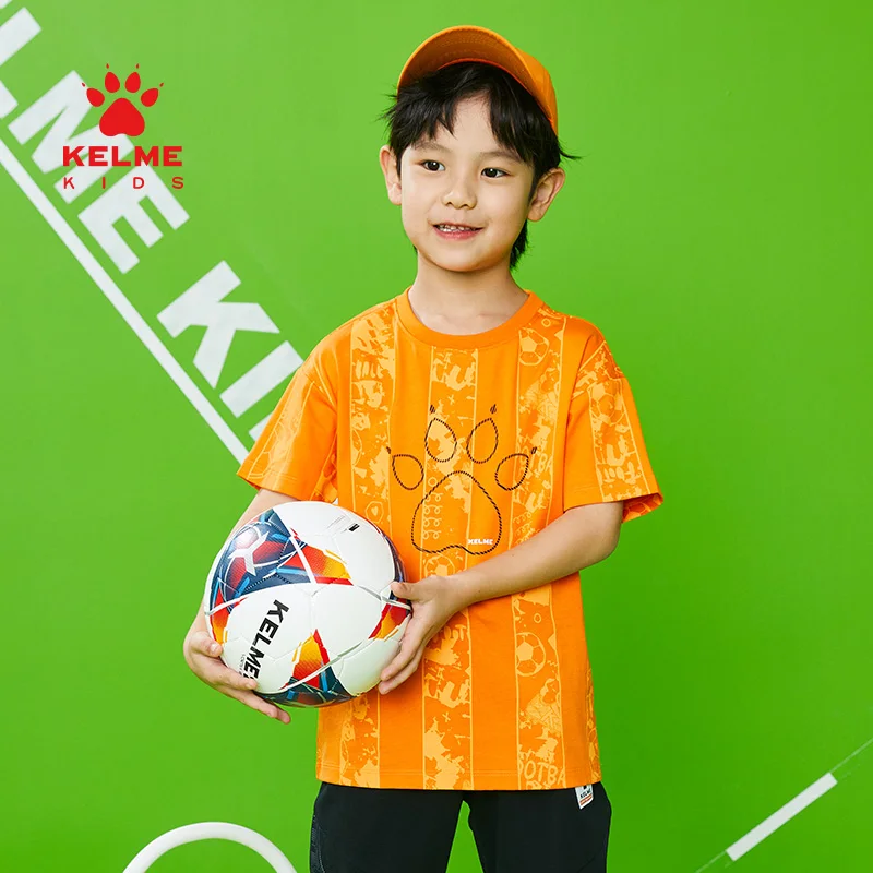 

KELME KIDS Children's Clothing 100% Cotton Boys And Girls Training Short-Sleeved T-Shirt New Football Dark Print Top 5221TX3074