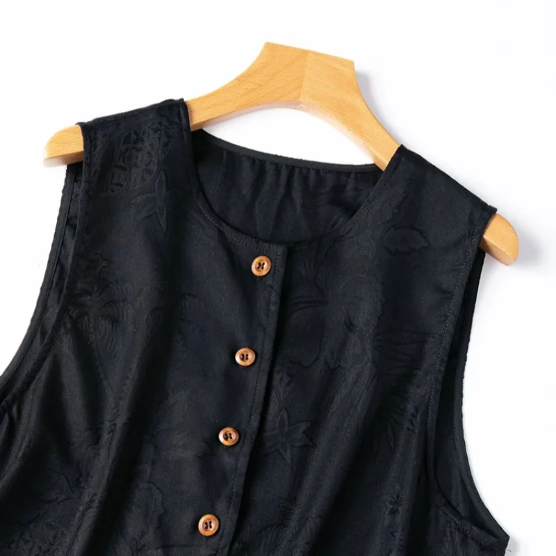 Birdtree, 100% Real Silk Jacquard Tank Top, Woman's Black Single Breasted Tops, O-neck Spun Silk Vest, 2026 Autumn New T69519JF
