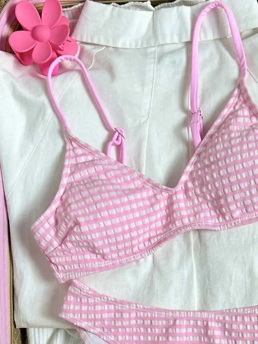

Womens Pink Plaid Triangle Bikini Set Minimalist Beach Swimwear Summer Vacation