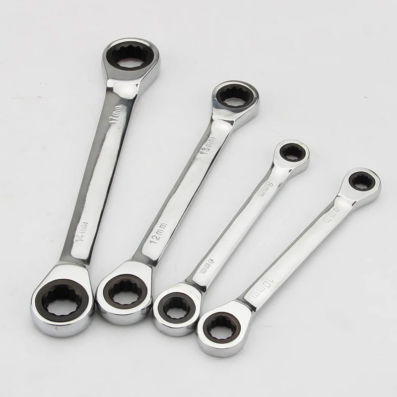 Chrome Vanadium Ring Double Head Ratchet Wrench Plum Blossom Shaped Reversible 8-10/10-12/14-17/17-19mm Combination Spanner Set