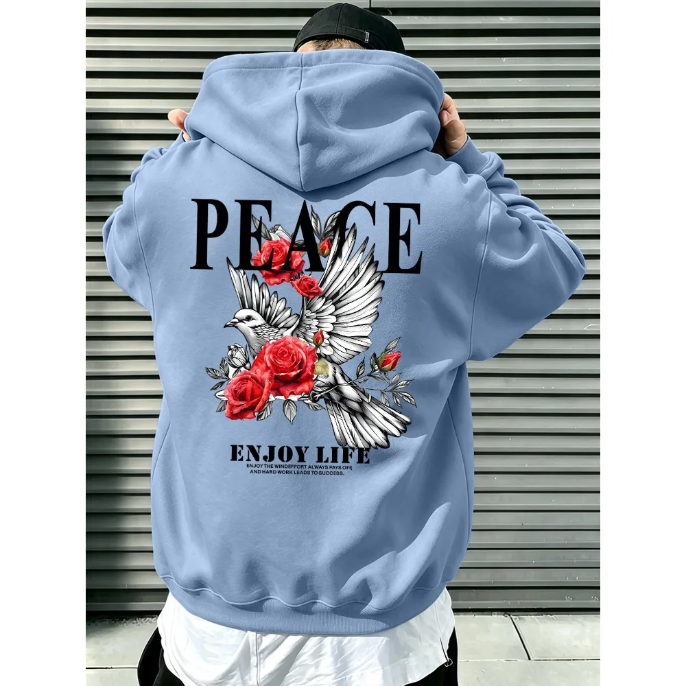 Peace Enjoy Life Dove And Rose Graphic Hoodie Unisex Loose Long Sleeve Autumn Pullover Sweatshirt Back Print