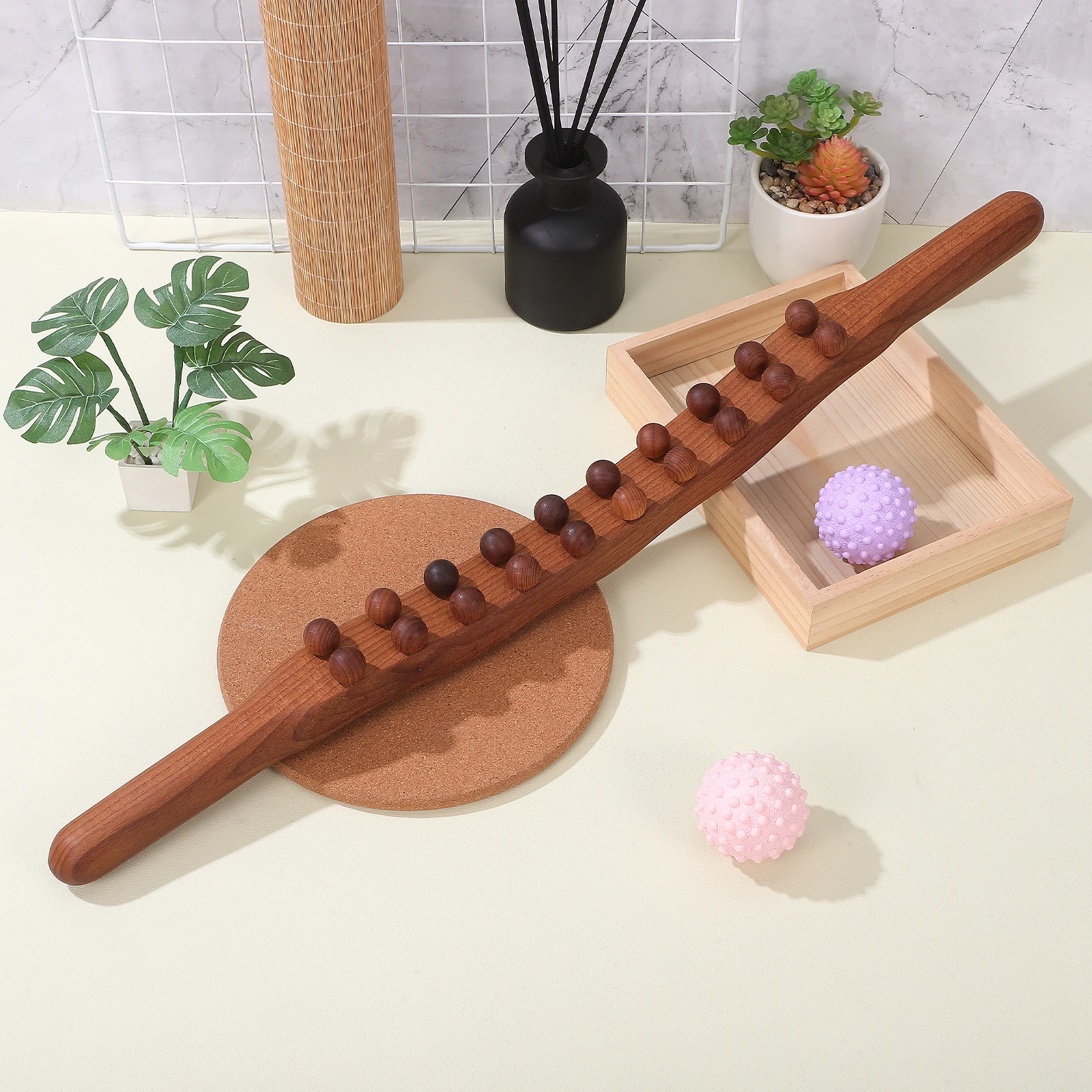 

Double Row 20 Beads Wood Massage Stick Back Massager Portable Body Roller for Muscle Relaxation Shoulder Neck Legs