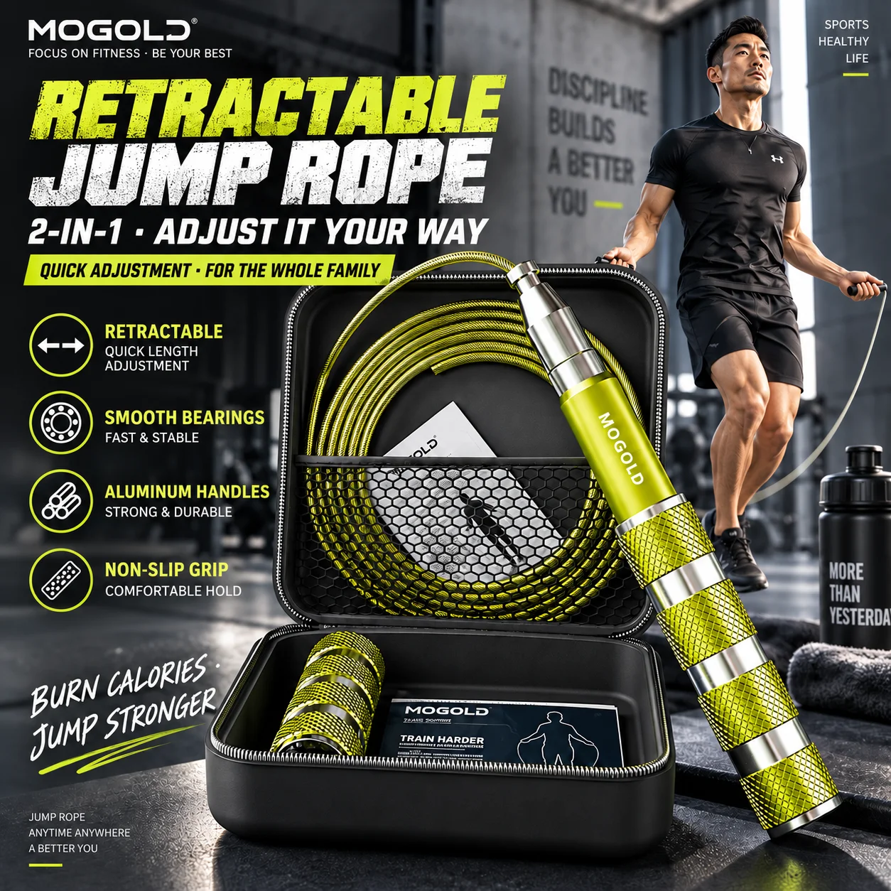 MOGOLD Retractable Jump Rope, 2-in-1 Adjustable Aluminum Skipping Rope with Dual Bearings, Non-Slip Knurled Handles & Portable C