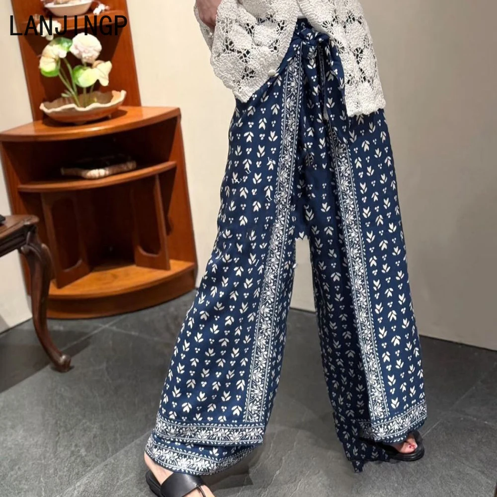 Large size Korean unique and beautiful retro printing wide-leg pants skirt, new splicing, thin and relaxed