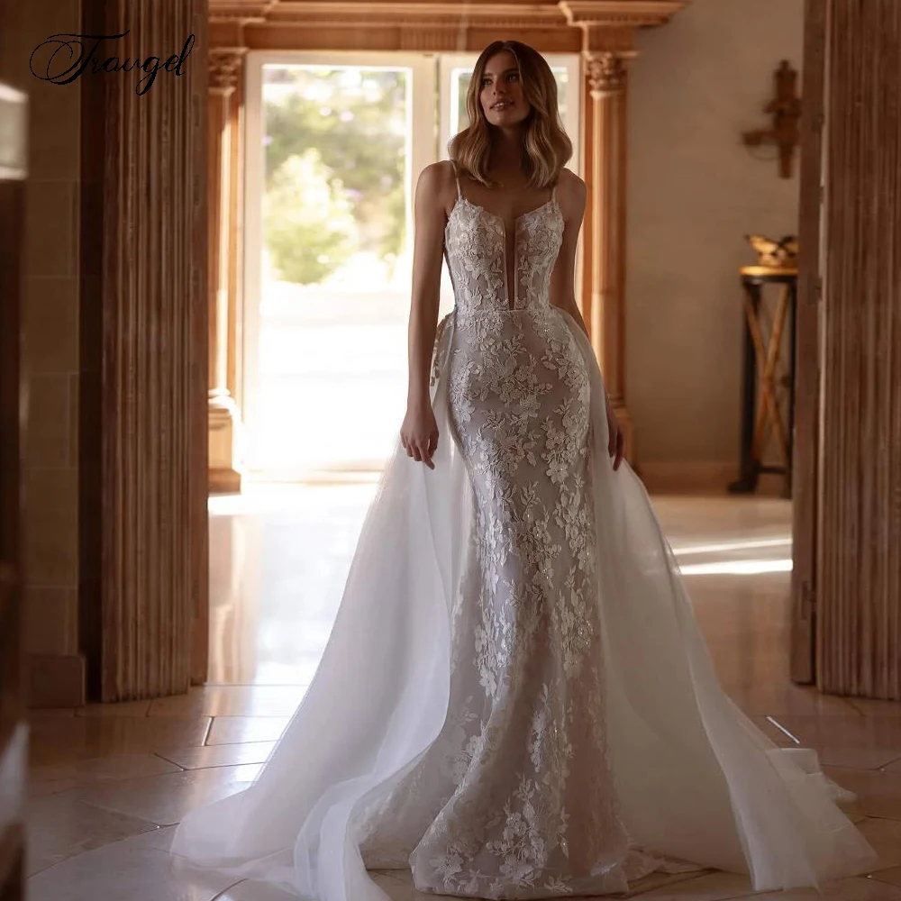 

Customized Mermaid Sexy Wedding Dresses Sweetheart Spaghetti Straps Vestido De Novia Lace Appliques 2 In 1 Robe De Mariee