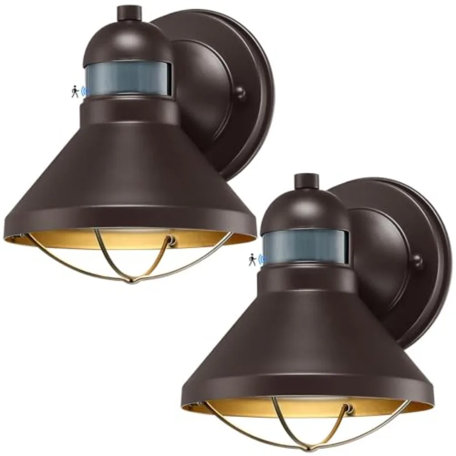 2 Pack Motion Sensor Outdoor LED Wall Sconce Dusk to Dawn Exterior Barn Light Fixtures Brown Outside Porch Lantern Farmhouse Wa