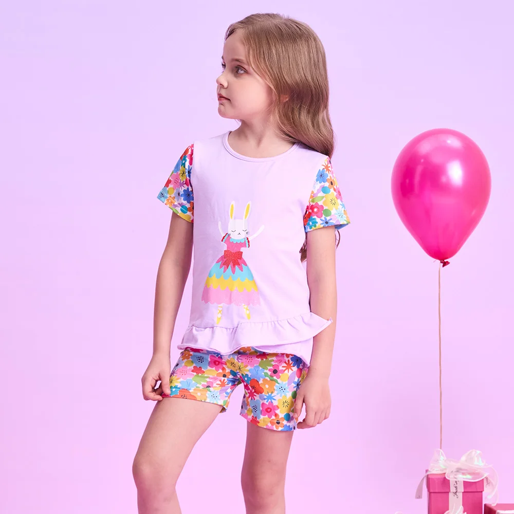 VIKITA Mädchen 2-teiliges Set Kinder Lila Kaninchen Kurzarm Baumwolle Casual T-Shirt Tops T-Shirts und Blumenhosen 2-teiliges Kleidungsset – Detail 2