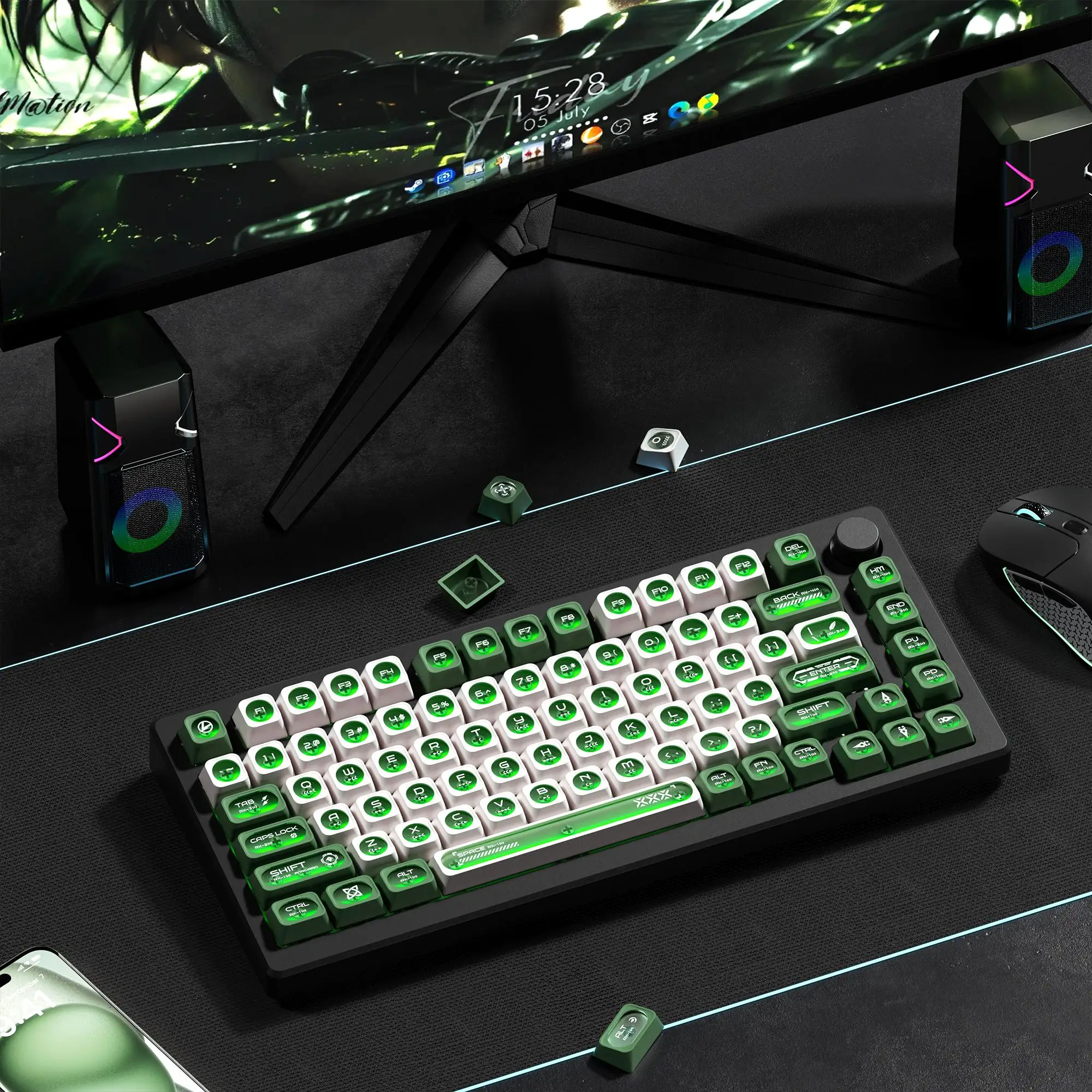 130 Keys Green Cat's Eye Stone Moon Phase Keycaps Set, Frosted Translucent, PBT+PC Hybrid, MOA Profile, MX Structure Compatible, Multi-Layout (Full Size, TKL, 60% ANSI ISO)