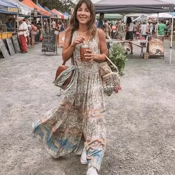 Vestido Longo Estilo Boho de Aodão com Estampa Retrô, Sem Mangas, Decote Redondo para Mulheres, Primavera, Verão, Outono