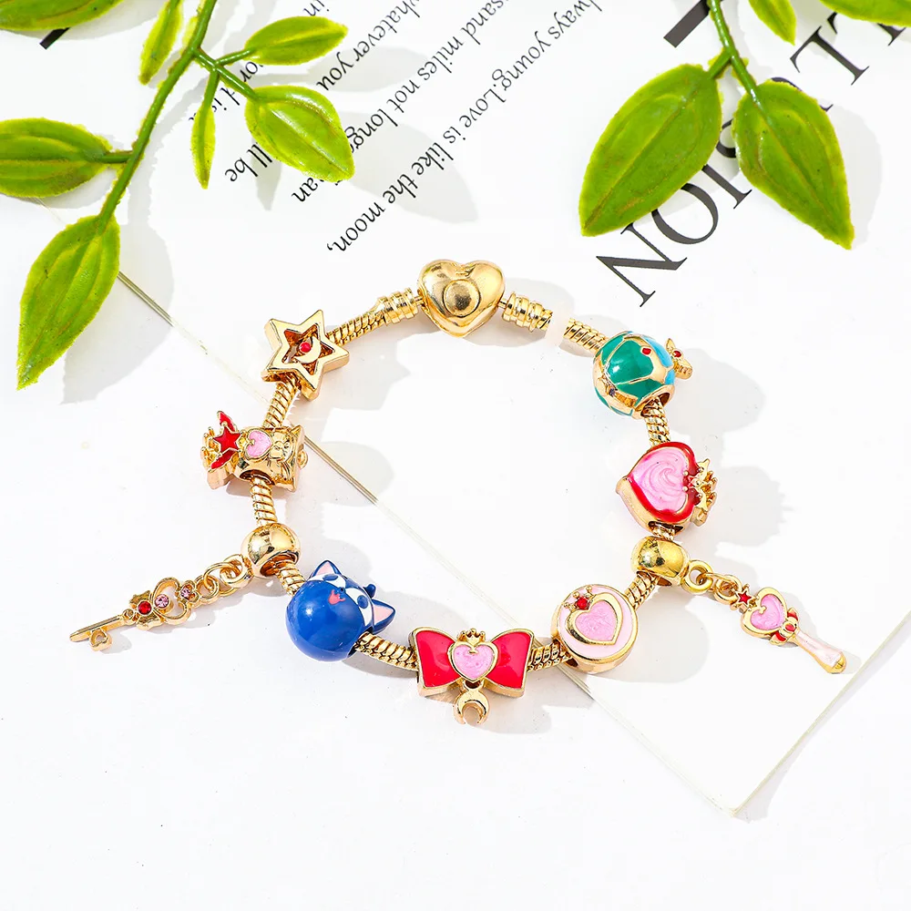 Kawaii Magical Girl Anime Charm Bracelet Cat Enamel Pendant with Decorative Beads Cosplay Jewelry Accessory Cute Gift for Girls