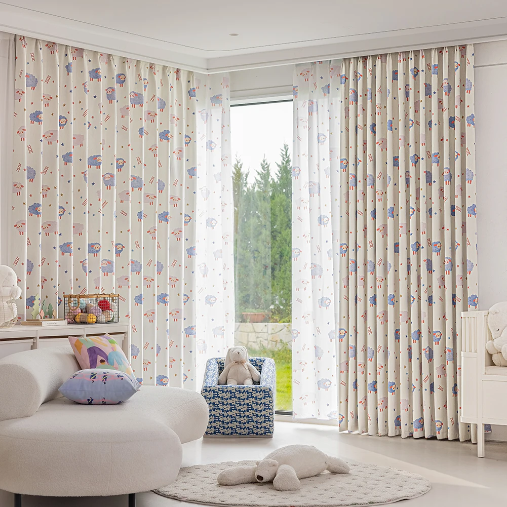 Soft Pastel Colors Cute Style Curtains for Children's Room Sheep Star Ladder Print Window Drapes Whimsical Home Decor