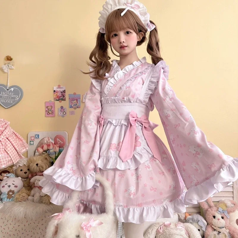 Robe Lolita Japonaise Kawaii avec Nministériels d Imprimé Lapin pour Femme, Mini Robe de Soirée, Harajuku Y2k, Volants avec Tablier, Ensemble Lolita