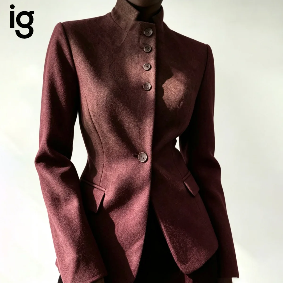 IG Women Mandarin Collar Cinched Waist Single Breasted Cropped Blazer, Flap Pockets, Elegant Commute Office Outerwear