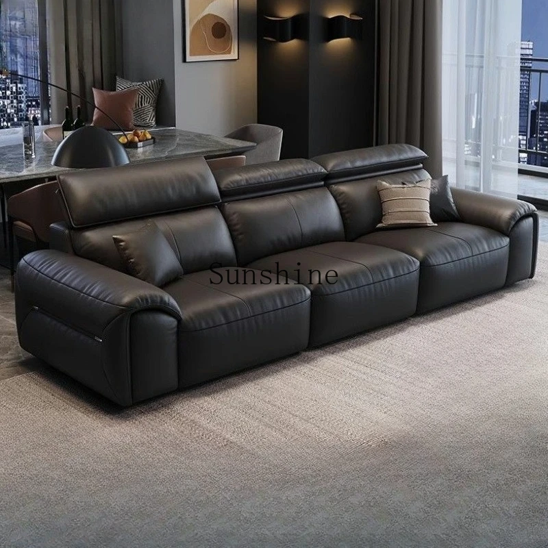 

Italian modern minimalist living room adjustable headrest piano keys black straight row leather art sofa