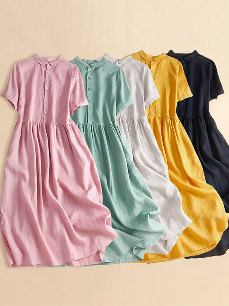 فستان قميص من الكتان والقطن الفضفاض للنساء بياقة دمية وسراويل كارجو بذيل واحد فستان صيفي على شكل حرف A متوسط ​​الطول