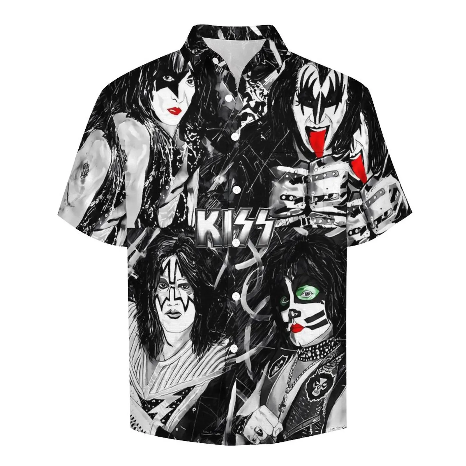 Kiss Band Casual Shirts Rock Band Beach Shirt Hawaiian Trendy Blouses Men Pattern Big Size