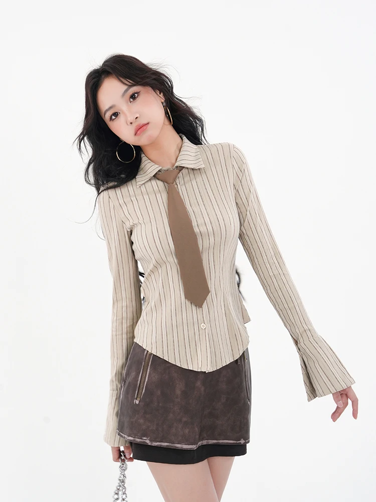 Spring/summer Korean Version Academy Style American Spicy Girl Versatile Striped Shirt Slim Tight Fitting Long Sleeve Top NVUO