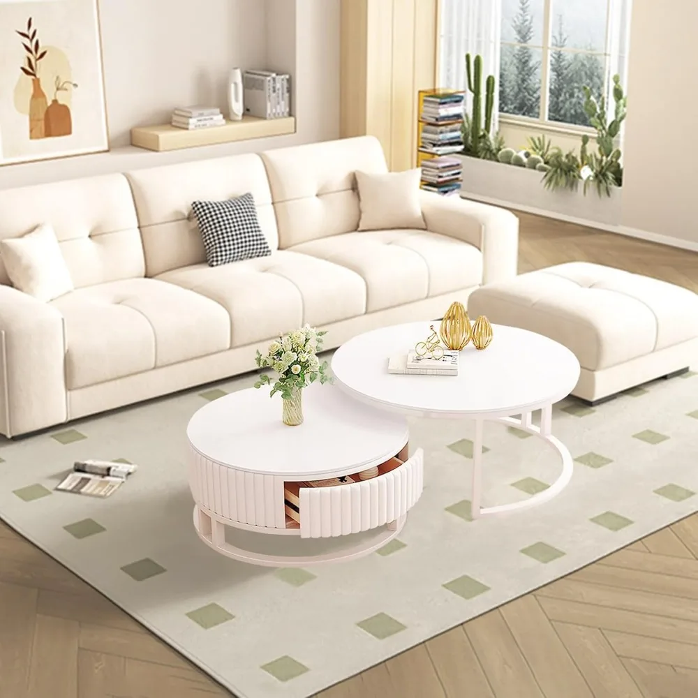 Z Round Marble Coffee Table With Storage Round Nesting Coffee Table Set Of 2 Modern White Coffee Table For Living Room DecorZ
