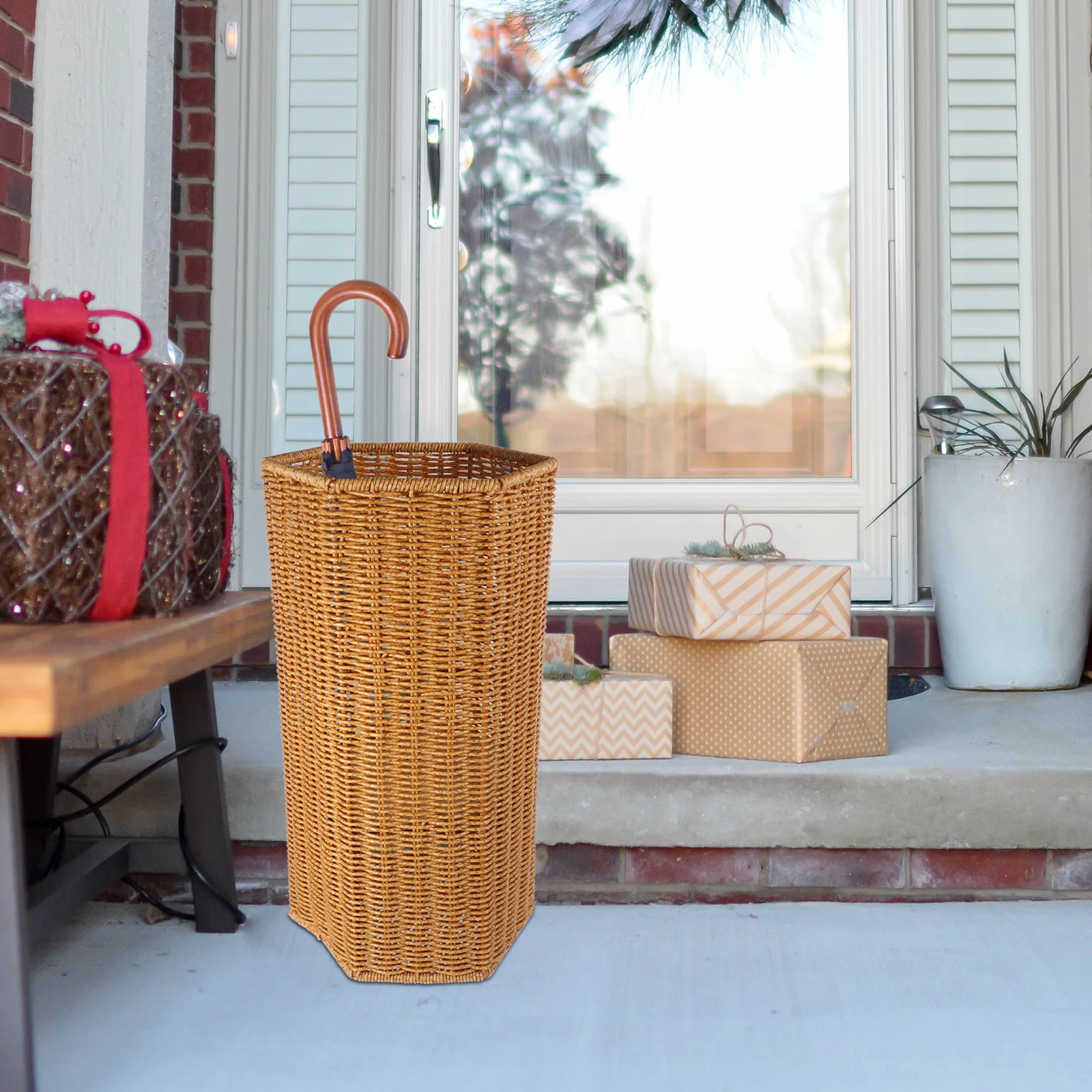

Umbrella Storage Bucket Tall Rattan Stand Plastic Holder Water Tray Entryway Office Yoga Mat Storage Large Capacity