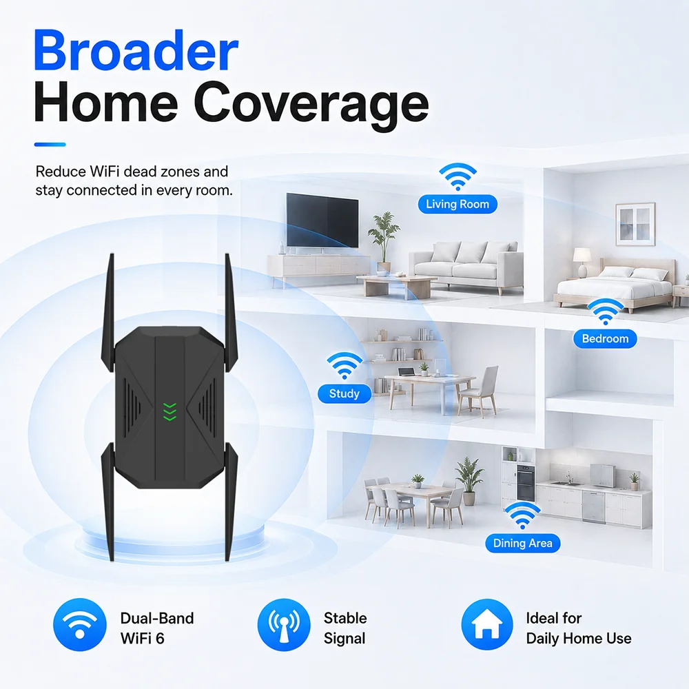 1800Mbps Dual Band WiFi Repeater WiFi Signal Booster 5.8GHz 2.4GHz Wireless Range Extender with 4 Antennas Gigabit Ethernet Port