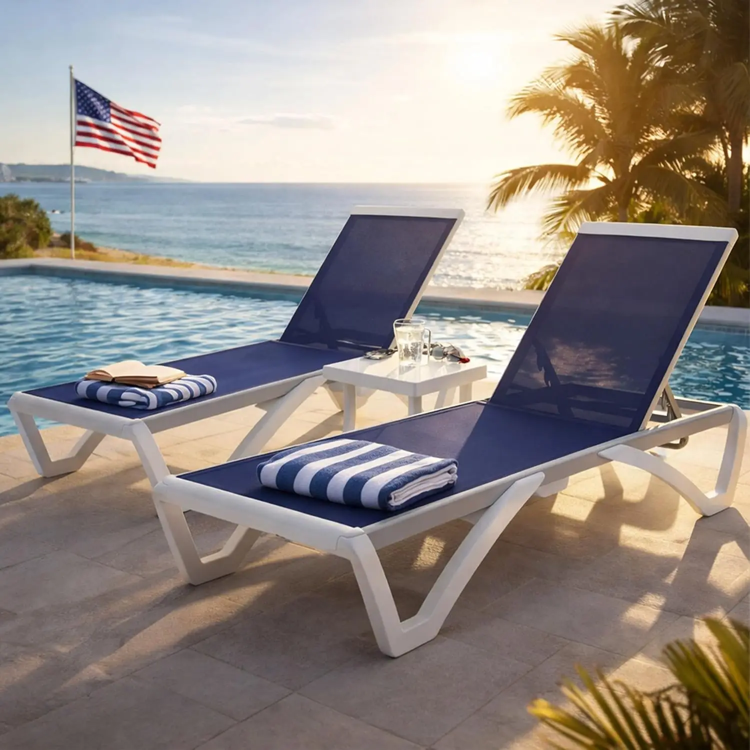 Adjustable Aluminum Outdoor Chaise Lounge Chair Textilene Recliner for Poolside Backyard Beach 2 Chairs Table Set, Custom