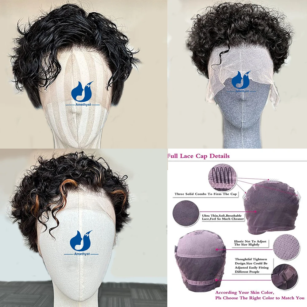 Peruca Curta Pixie Cut Curly Full Lace para Homens, Cabelo Humano, Destaque Marrom, Perucas Kinky, Preplucked