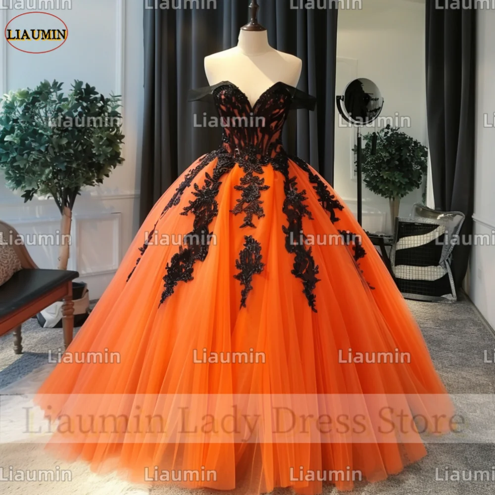 Orange Tulle Black Lace Applique Strapless Ball Gown Floor Length Prom Formal Dresses Evening Party Lace Up Back Custom A4-10.1